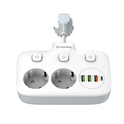 Мережевий фільтр СolorWay 2 розетки/3USB / 1xTYPE-C White 2M (CW-CHE24PDW)