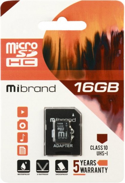 Карта пам'яті Mibrand MicroSDHC 16GB Class 10 UHS-1 + SD адаптер (MICDHU1/16GB-A)