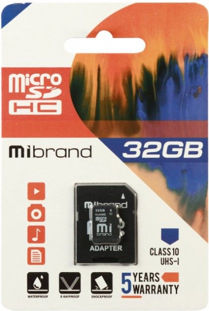 Карта пам'яті Mibrand MicroSDHC 32GB Class 10 UHS-1 + SD адаптер (MICDHU1/32GB-A)
