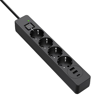 Мережевий фільтр-подовжувач СolorWay 4 розетки/3USB (2USB-A + 1 TYPE-C) (24W) Black 2M (CW-CHE432PDB)